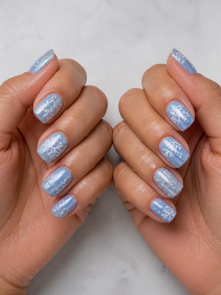 Glitter Snow Accent Nails: white snowflakes on icy blue base, glitter snow accent