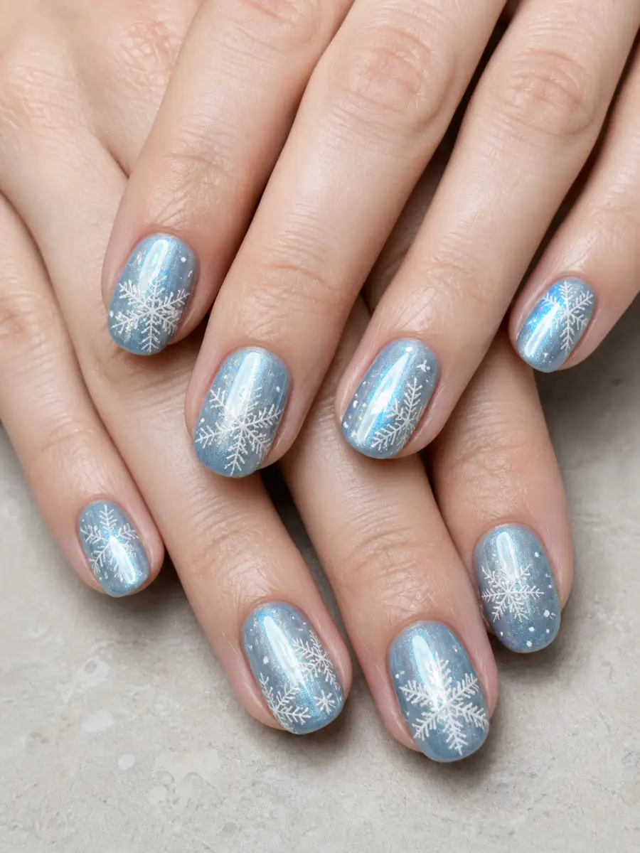 Chrome Snowflake Nails: white snowflakes on icy blue base, chrome snowflake