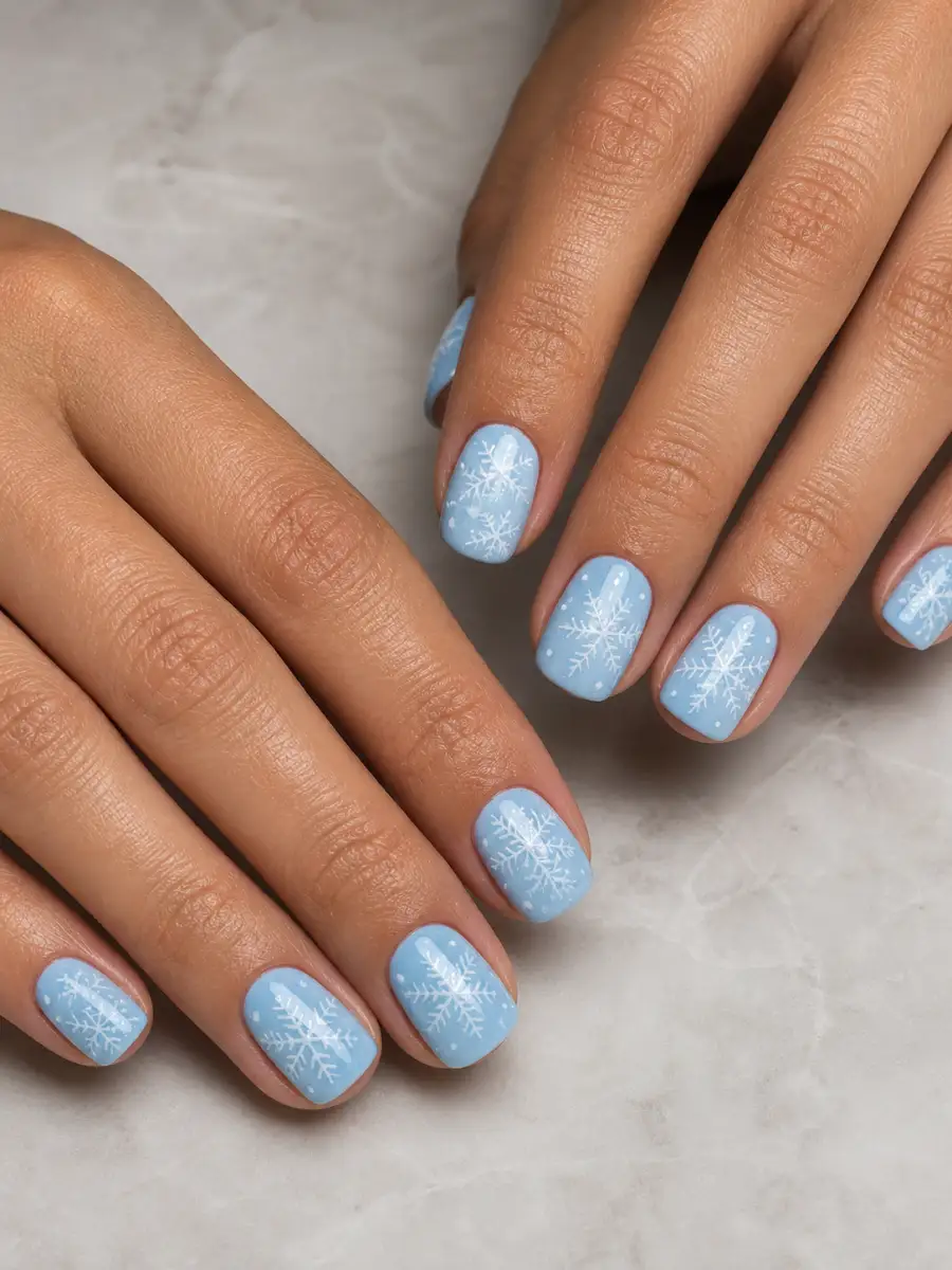 Short Snowflake Nails: white snowflakes on icy blue base, short snowflake