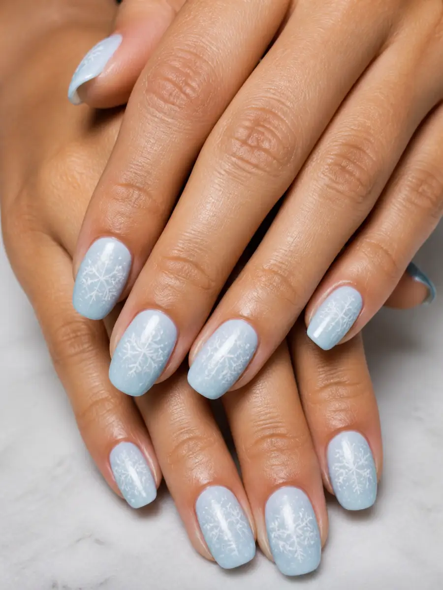 Frosted White Nails: white snowflakes on icy blue base, frosted white