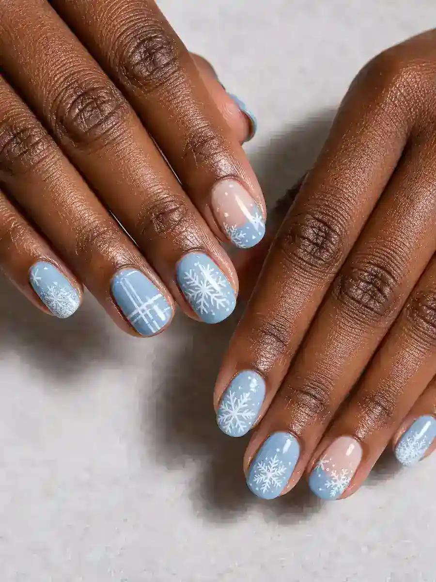 Winter Mix and Match Nails: white snowflakes on icy blue base, winter mix and match