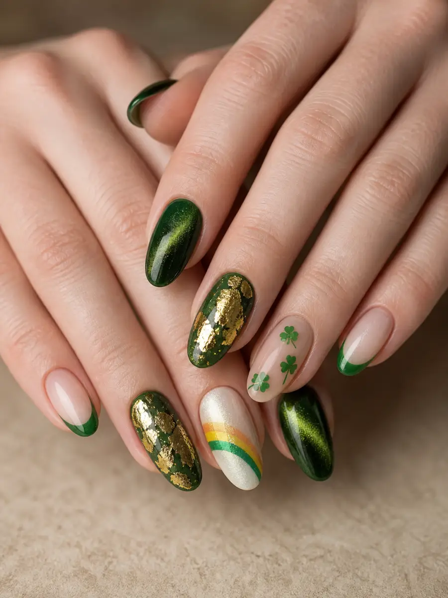 Emerald Green Gold Nails: emerald green with gold foil accent, emerald green gold