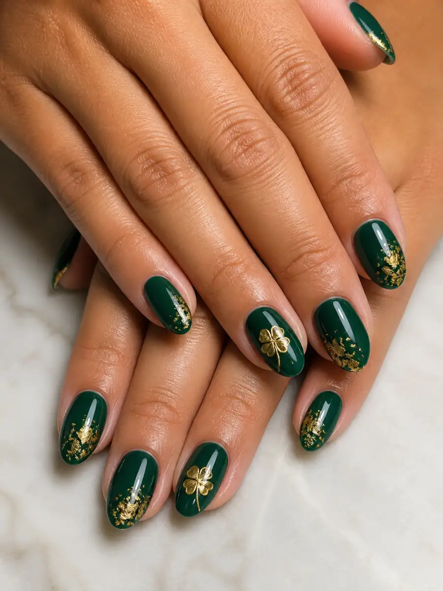 Tiny Clover Nails: emerald green with gold foil accent, tiny clover