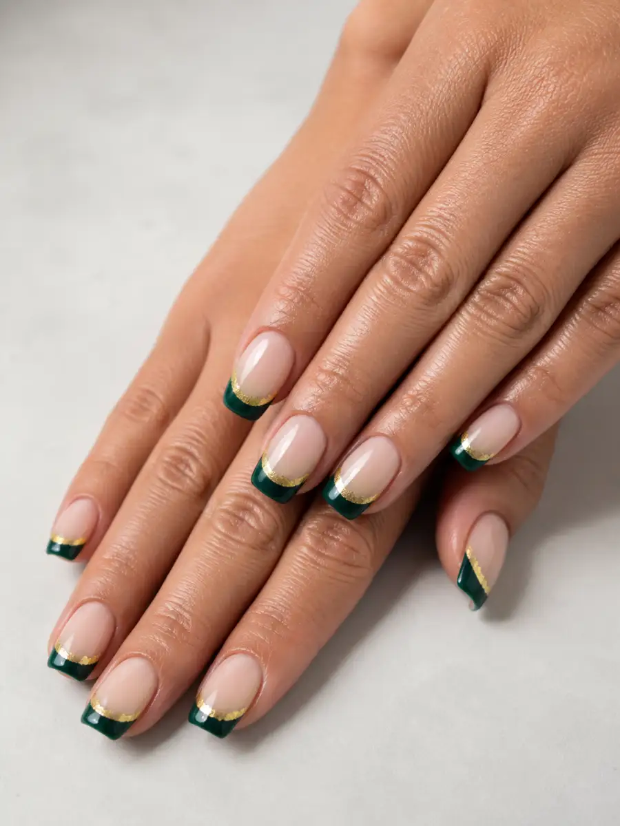 Green French Tips: emerald green with gold foil accent, green french tips