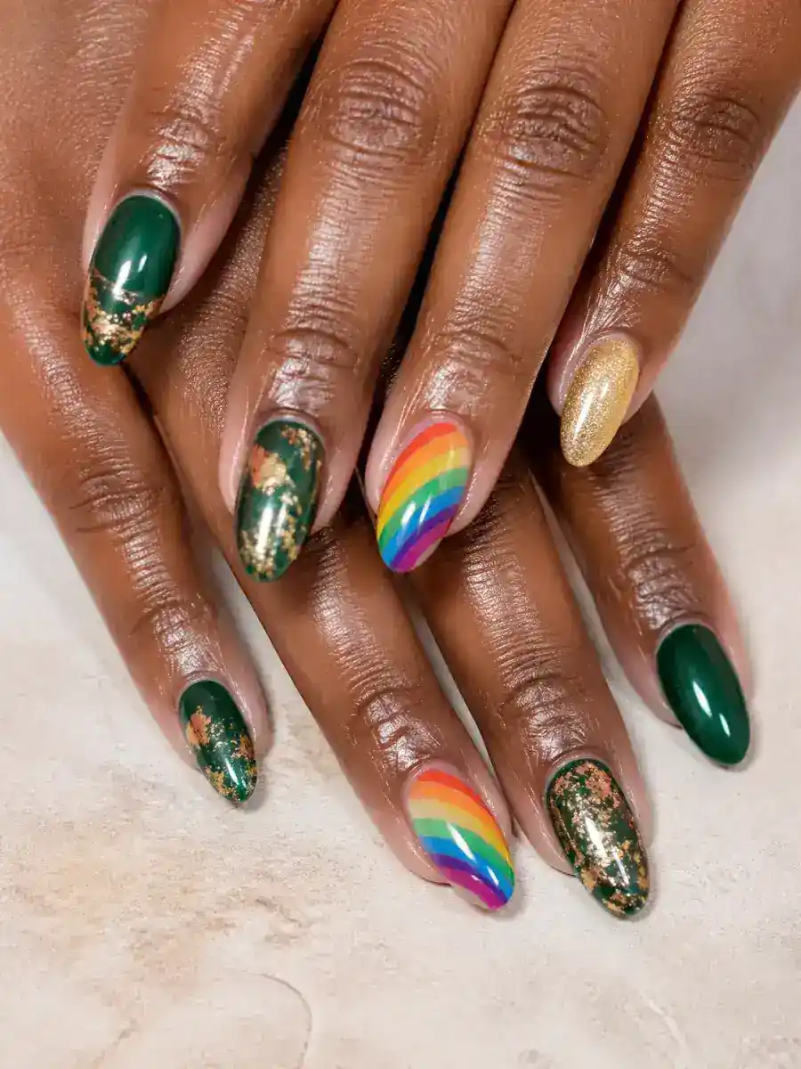 Rainbow Accent Nails: emerald green with gold foil accent, rainbow accent