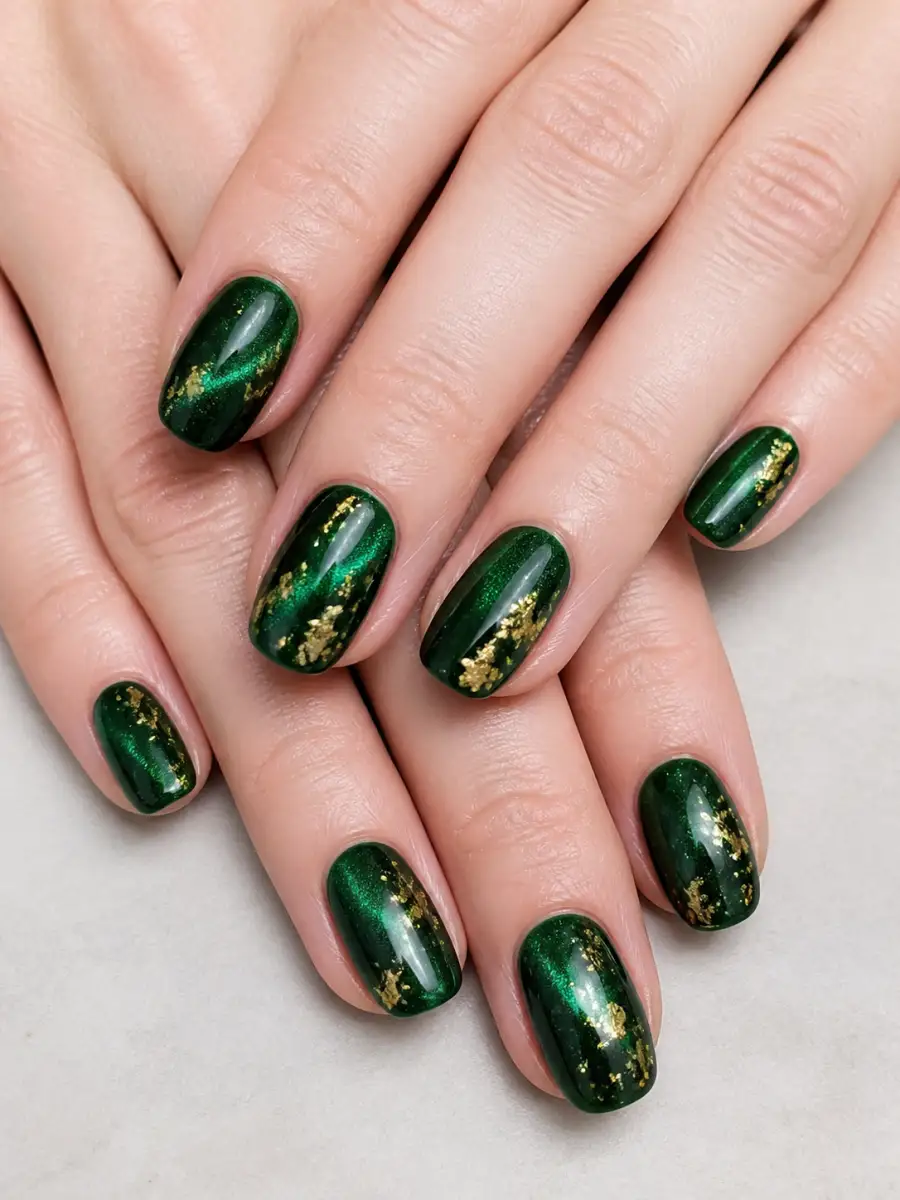 Forest Cat Eye Nails: emerald green with gold foil accent, forest cat eye