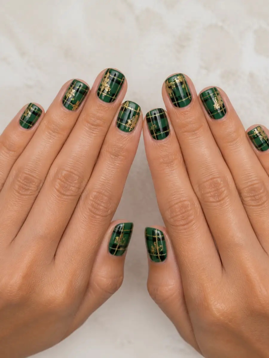 Green Plaid Nails: emerald green with gold foil accent, green plaid