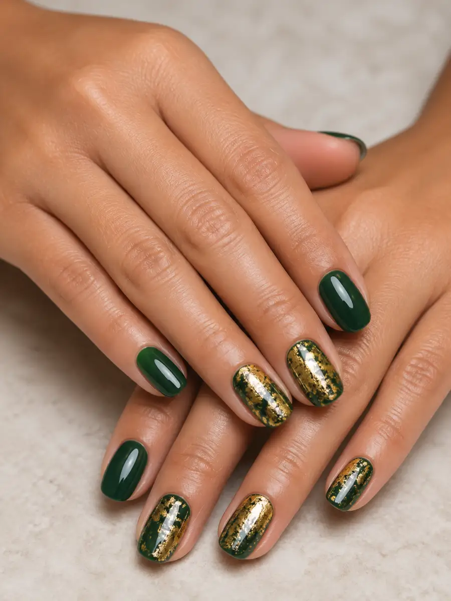 Gold Foil Green Nails: emerald green with gold foil accent, gold foil green