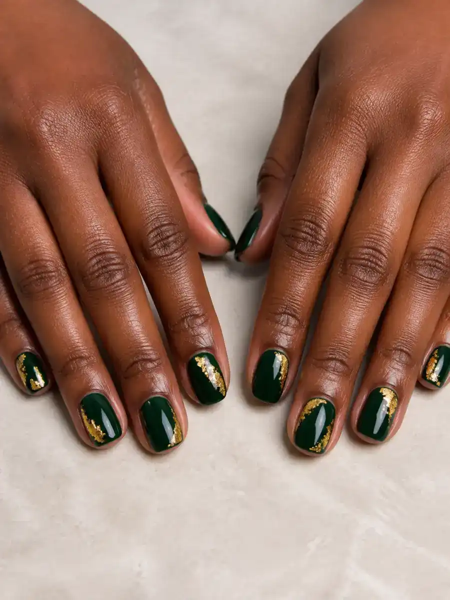 Moss Short Nails: emerald green with gold foil accent, moss short