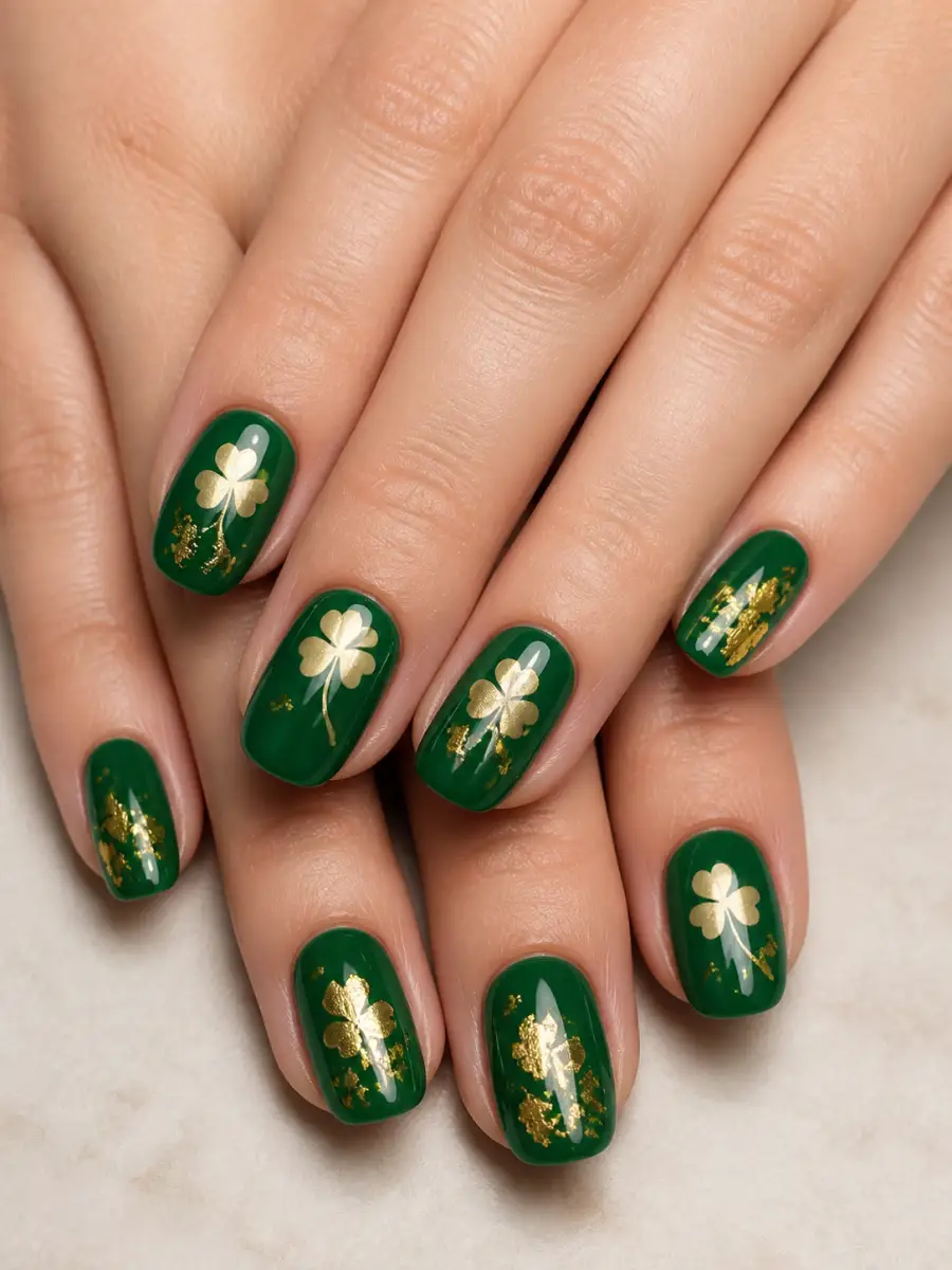 Cream Clover Nails: emerald green with gold foil accent, cream clover