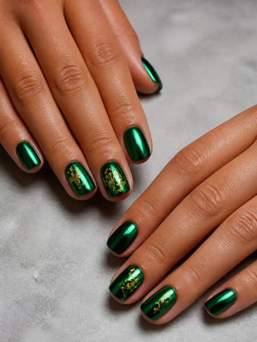 Green Chrome Nails: emerald green with gold foil accent, green chrome