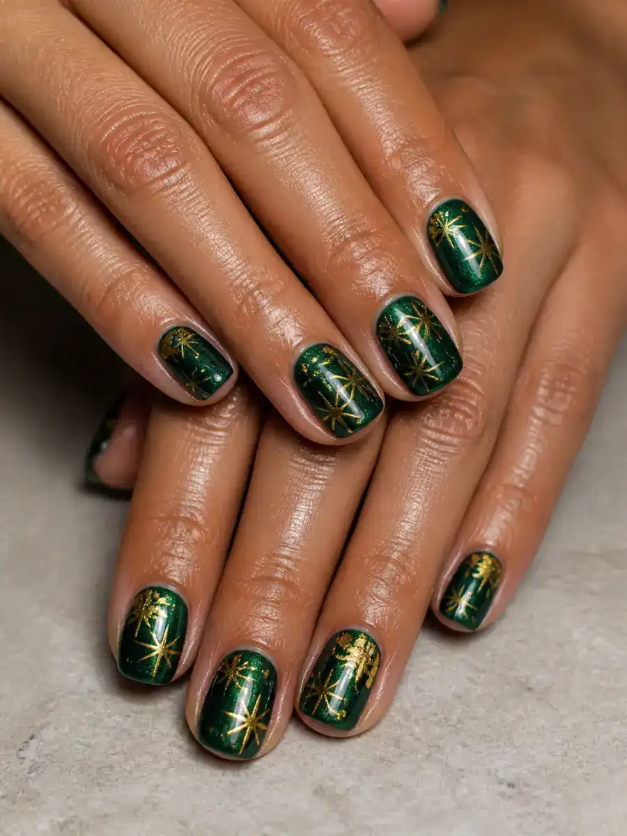 Lucky Star Nails: emerald green with gold foil accent, lucky star