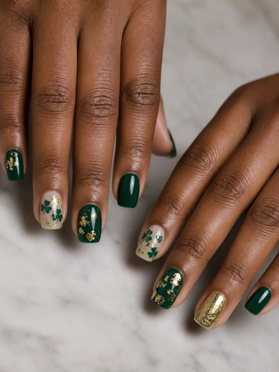 St Patricks Mix and Match Nails: emerald green with gold foil accent, st patricks mix and match