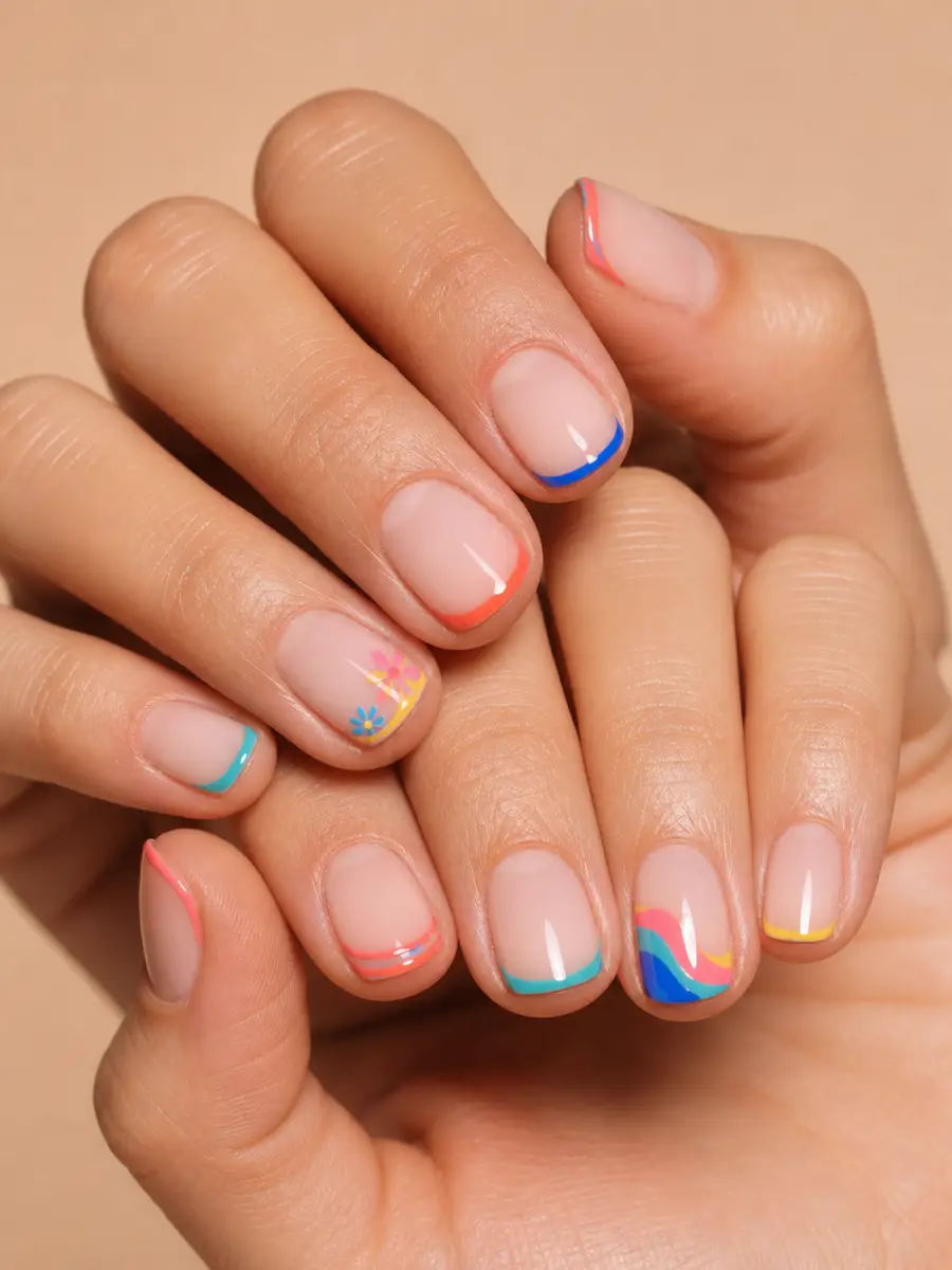 Classic Summer French Tips: short square, crisp white French tip, sheer nude base