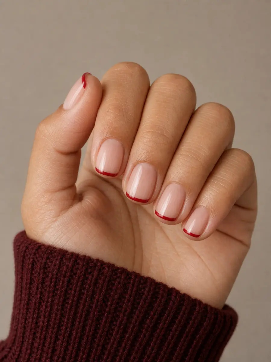 Red Summer French Tips: short square, cherry red French tip, sheer base