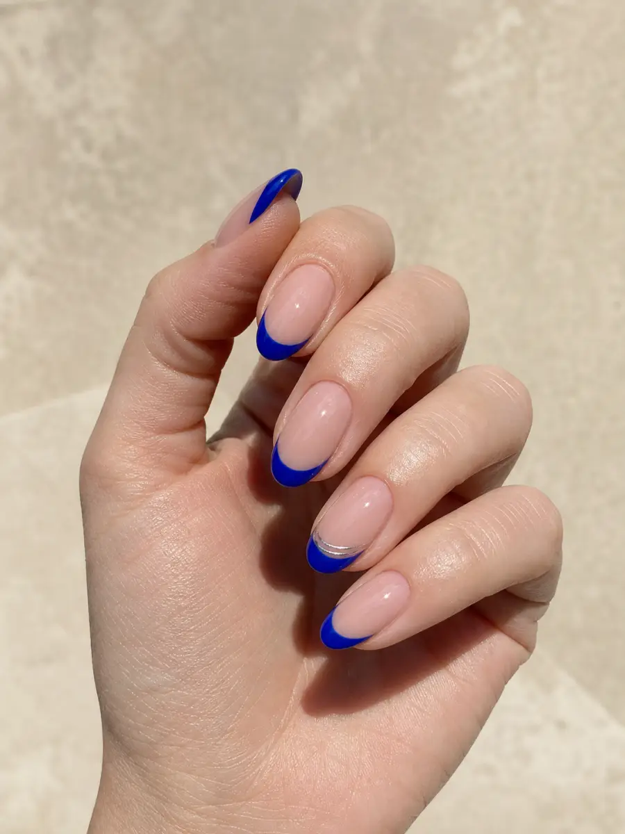 Cobalt Almond French Tips: medium almond, cobalt curved French tip