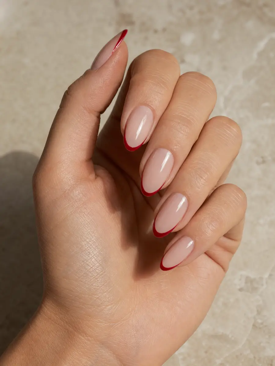 Cherry Almond French Tips: medium almond, thin cherry red French tip