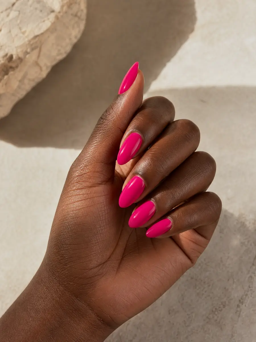 Hot Pink Summer Nails: medium almond, saturated fuchsia gloss