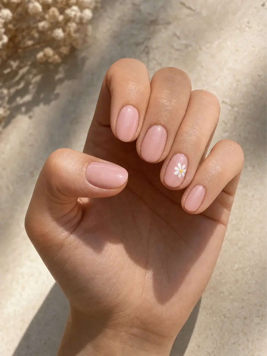 Pink Daisy Summer Nails: short oval, blush pink with tiny white daisies