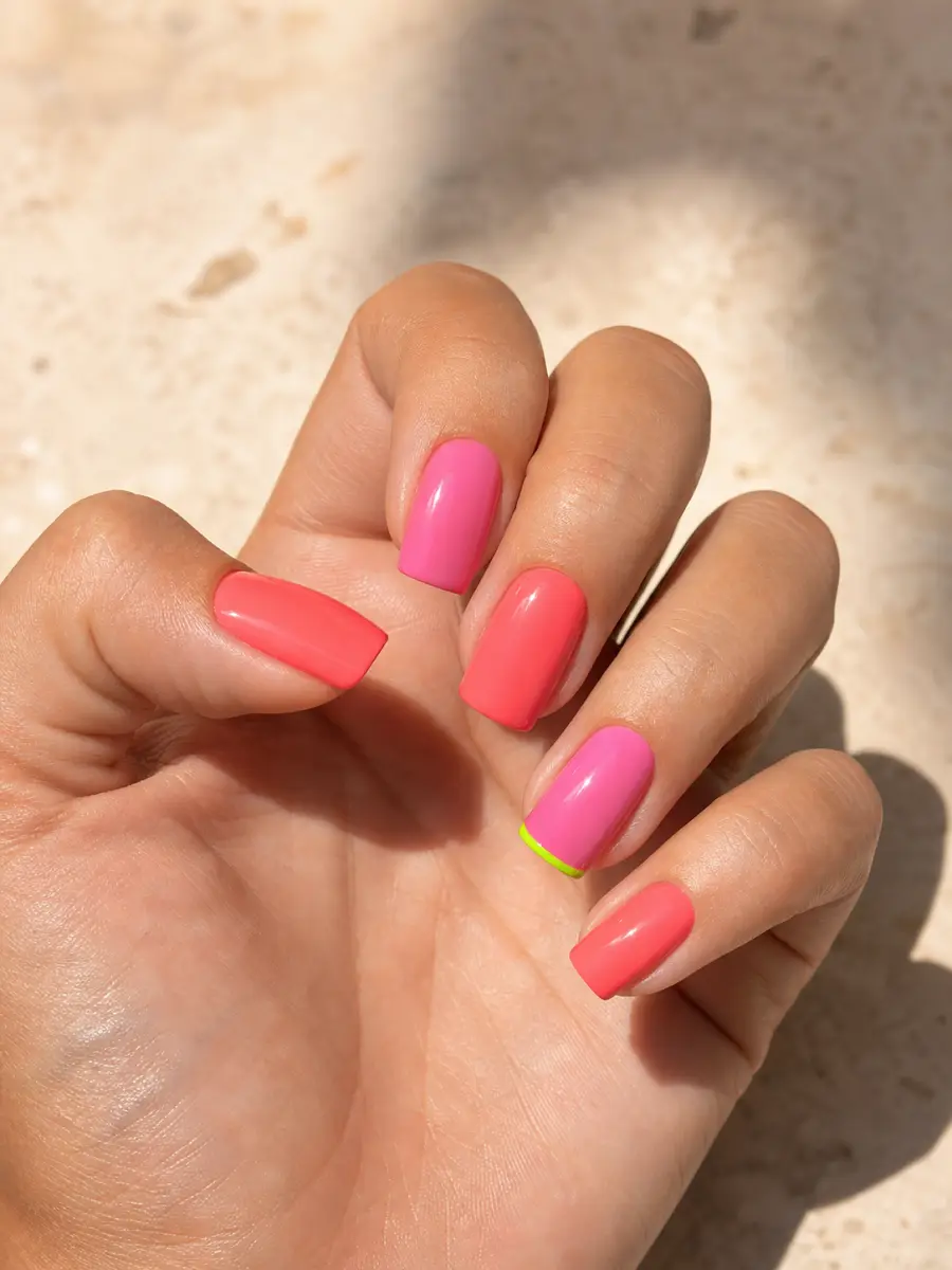 Watermelon Pink Summer Nails: medium square, coral and watermelon colour blocks