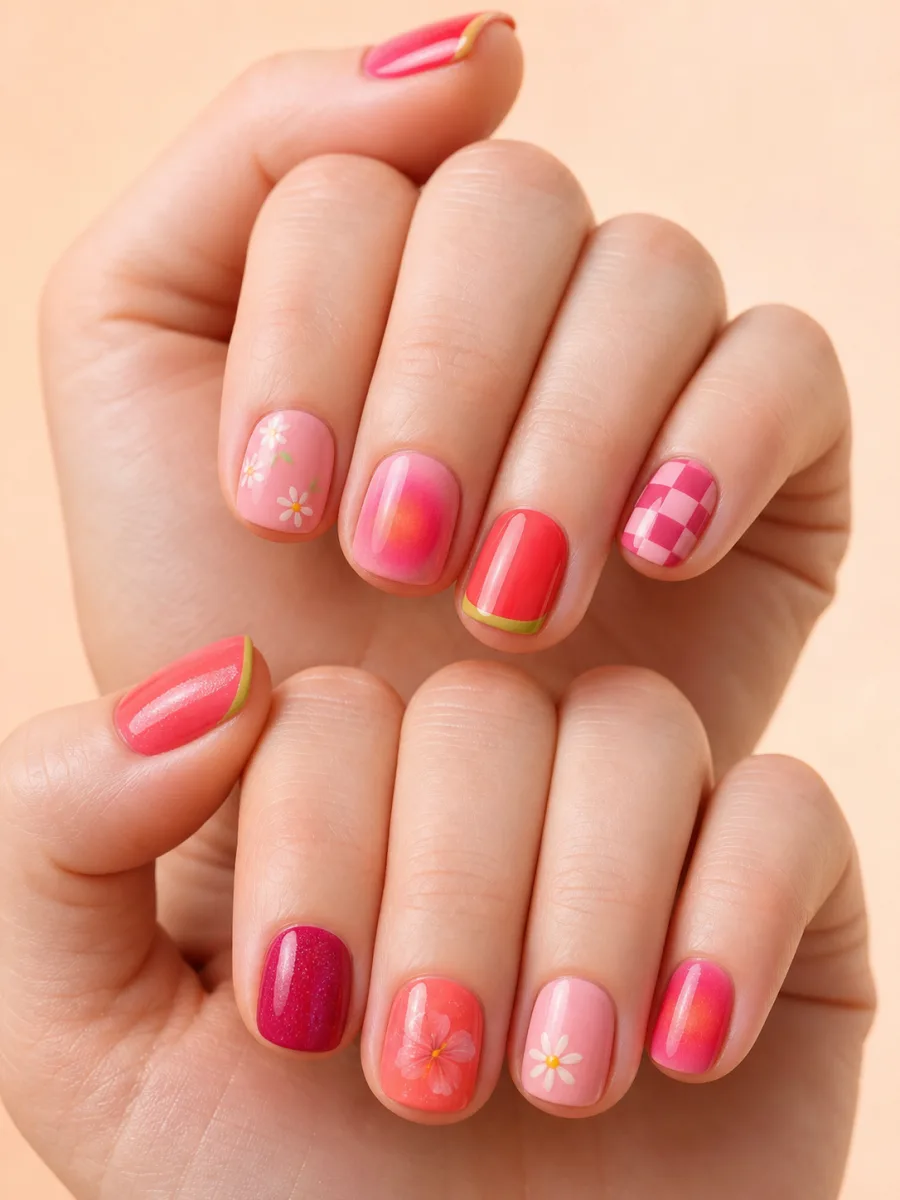 Colourful Summer Pink Mix and Match Nails: two hands, short squoval, watermelon pink, coral and raspberry with daisies, aura and checker accents