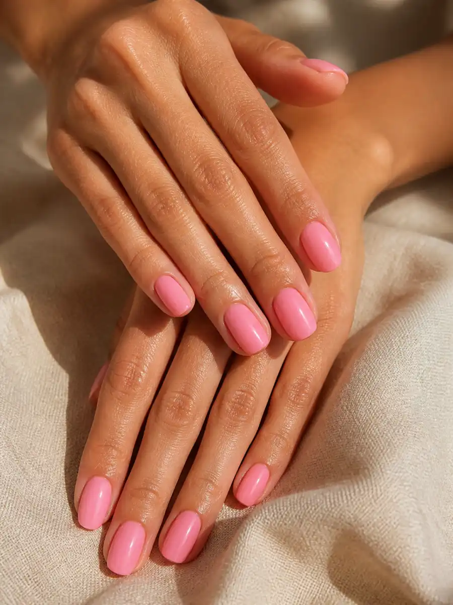 Glossy Summer Pink Nails: pink, glossy top coat