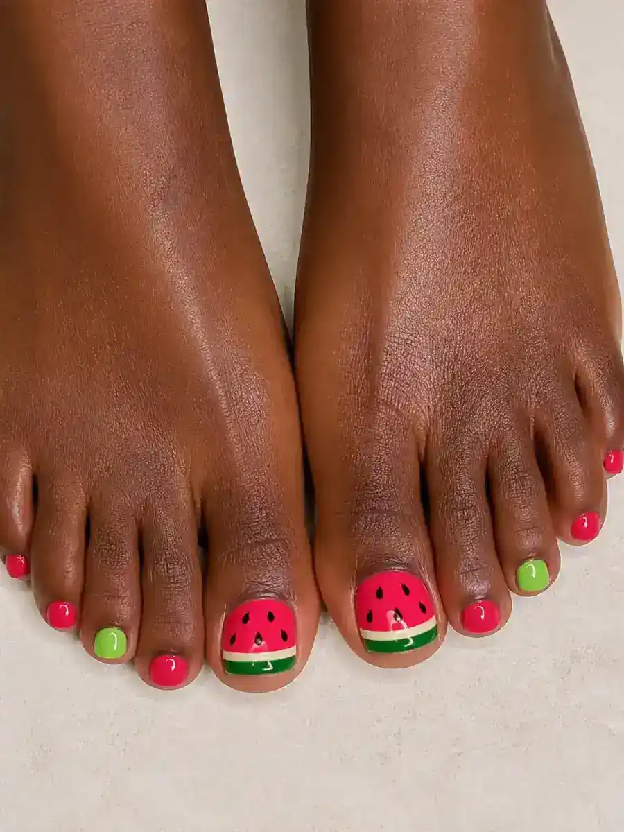 Watermelon Toe Nails: toenails, bright summer shade, watermelon toe