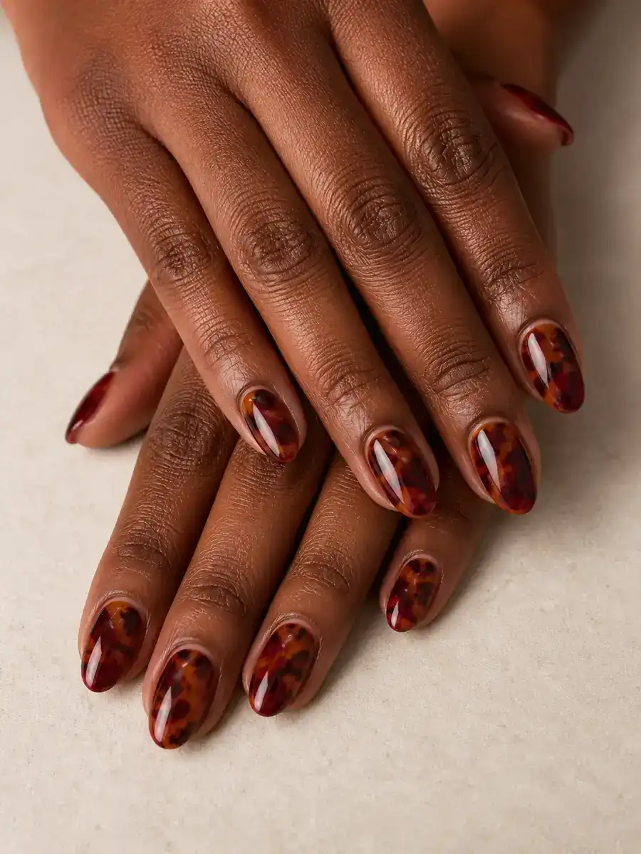 Thanksgiving Tortoiseshell Nails: warm brown and cranberry, thanksgiving tortoiseshell