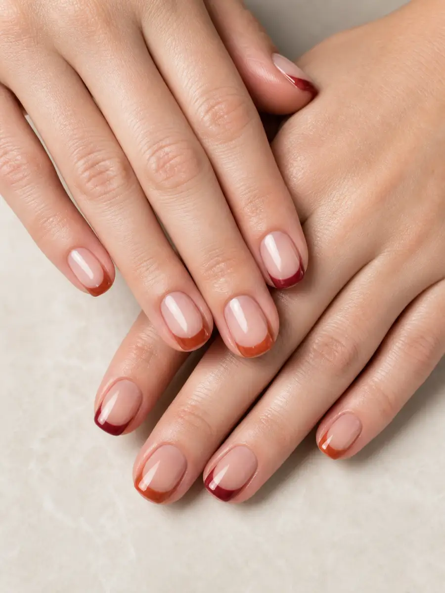 Rust French Tips: warm brown and cranberry, rust french tips
