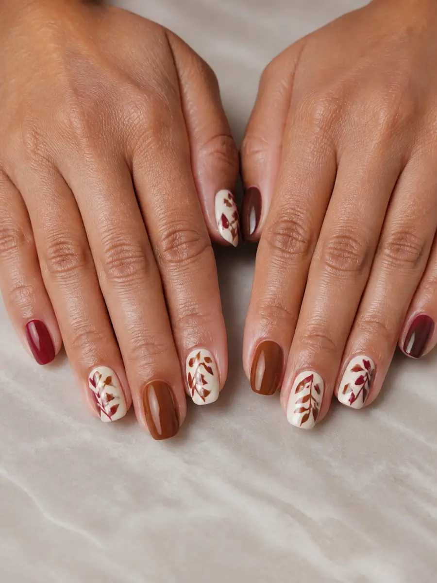 Cream Leaf Nails: warm brown and cranberry, cream leaf