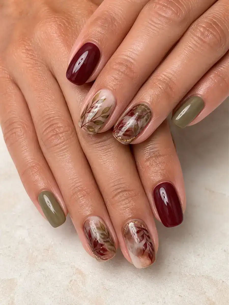 Olive Autumn Nails: warm brown and cranberry, olive autumn