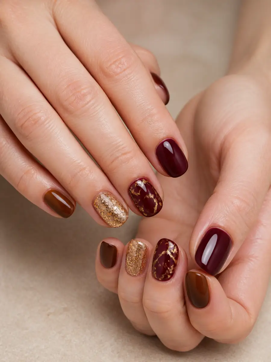Burgundy Gold Nails: warm brown and cranberry, burgundy gold