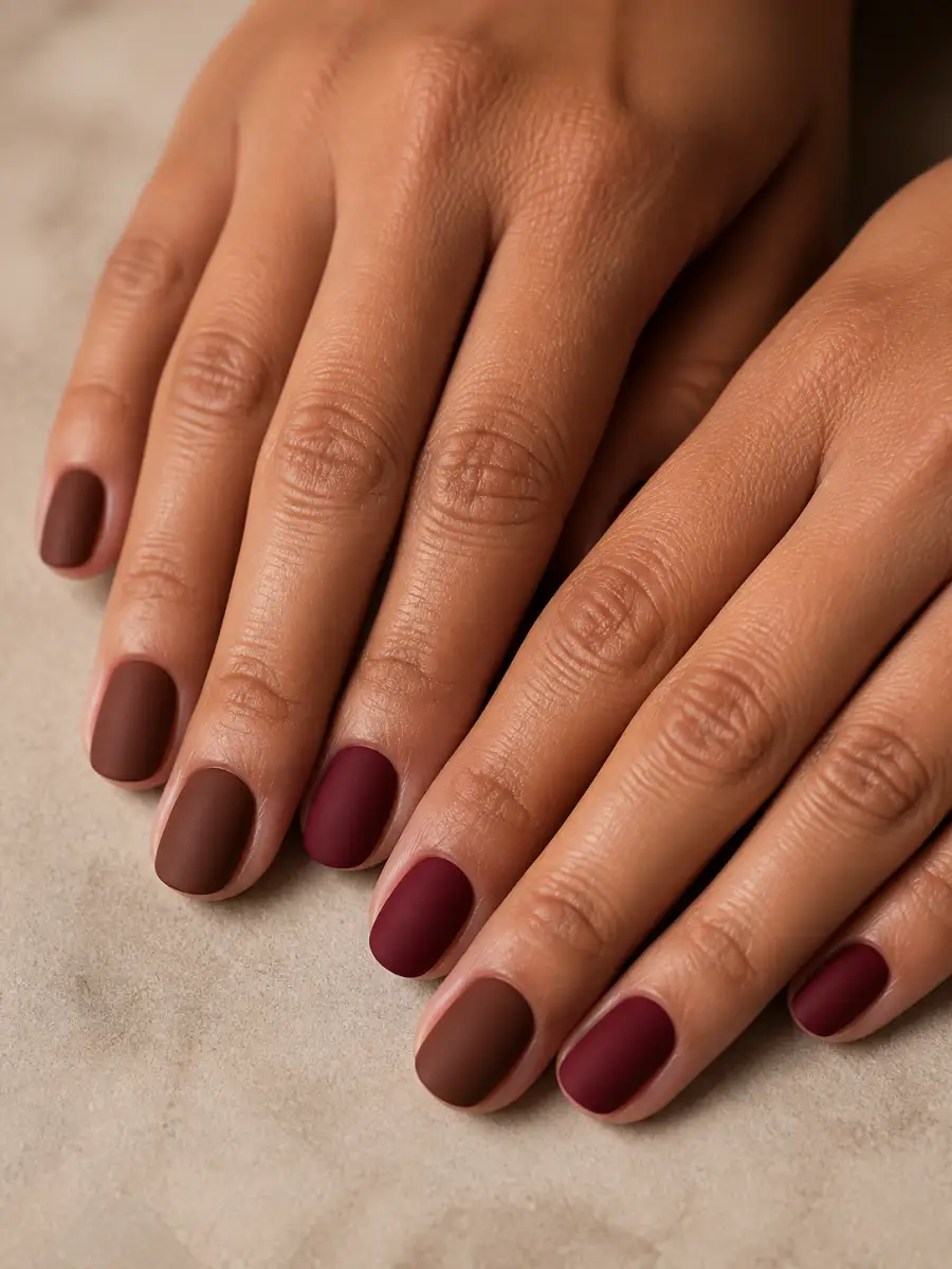 Matte Brown Nails: warm brown and cranberry, matte brown