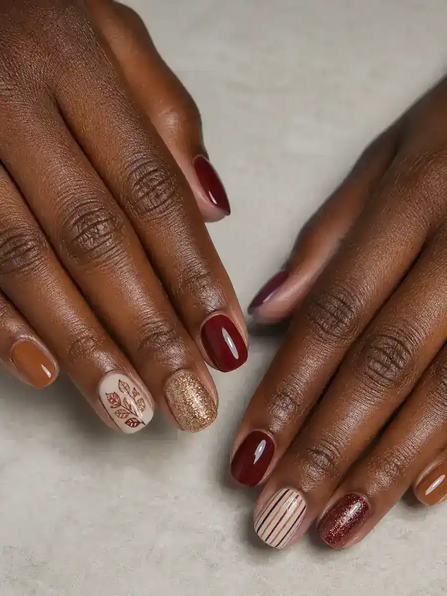 Thanksgiving Mix and Match Nails: warm brown and cranberry, thanksgiving mix and match
