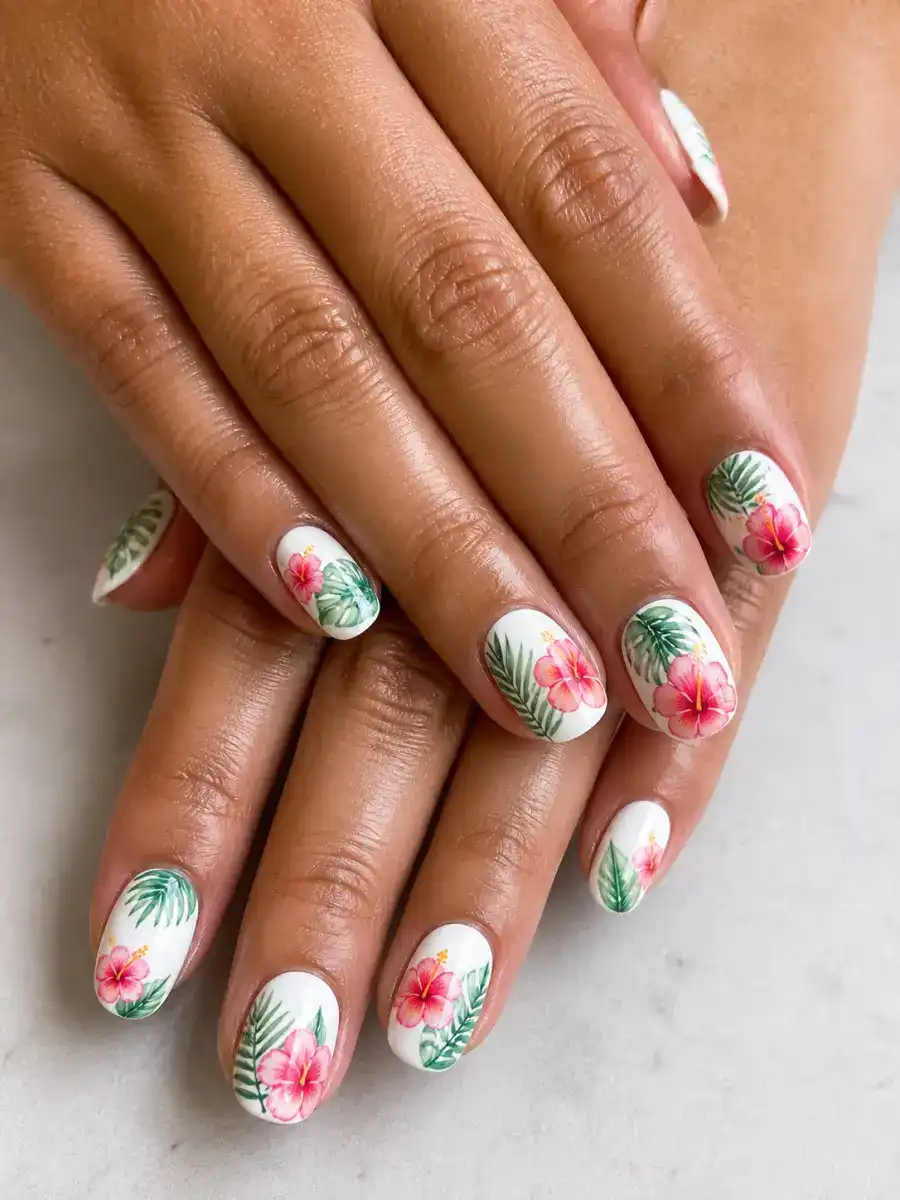 Hibiscus Flower Nails: tropical print on white base, hibiscus flower
