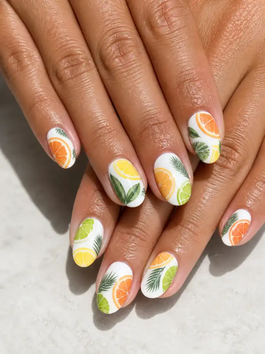 Citrus Slice Nails: tropical print on white base, citrus slice