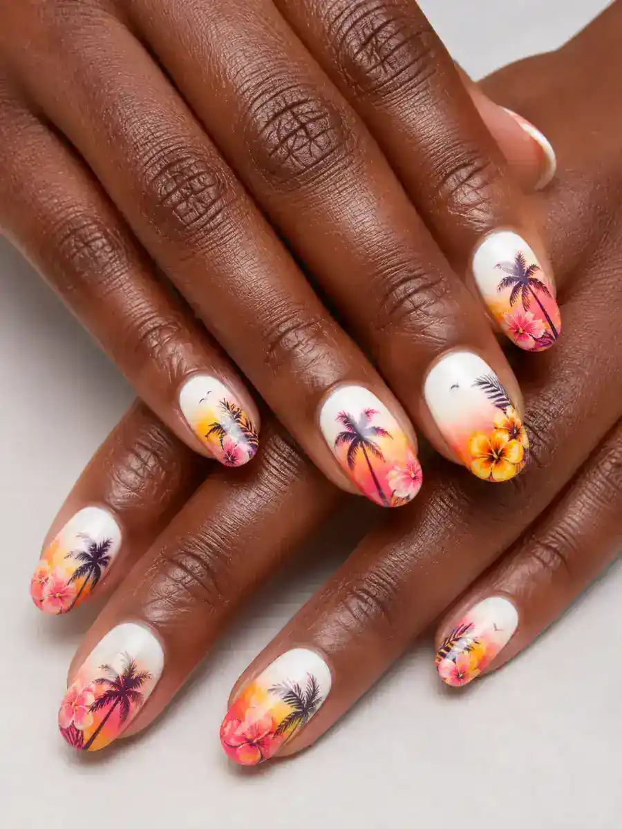 Tropical Sunset Ombre: tropical print on white base, tropical sunset ombre