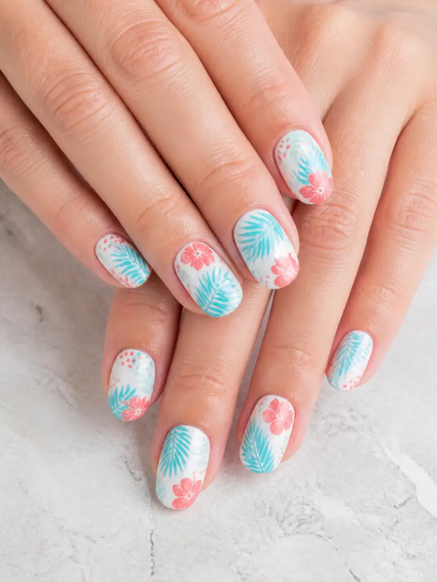 Aqua Coral Nails: tropical print on white base, aqua coral
