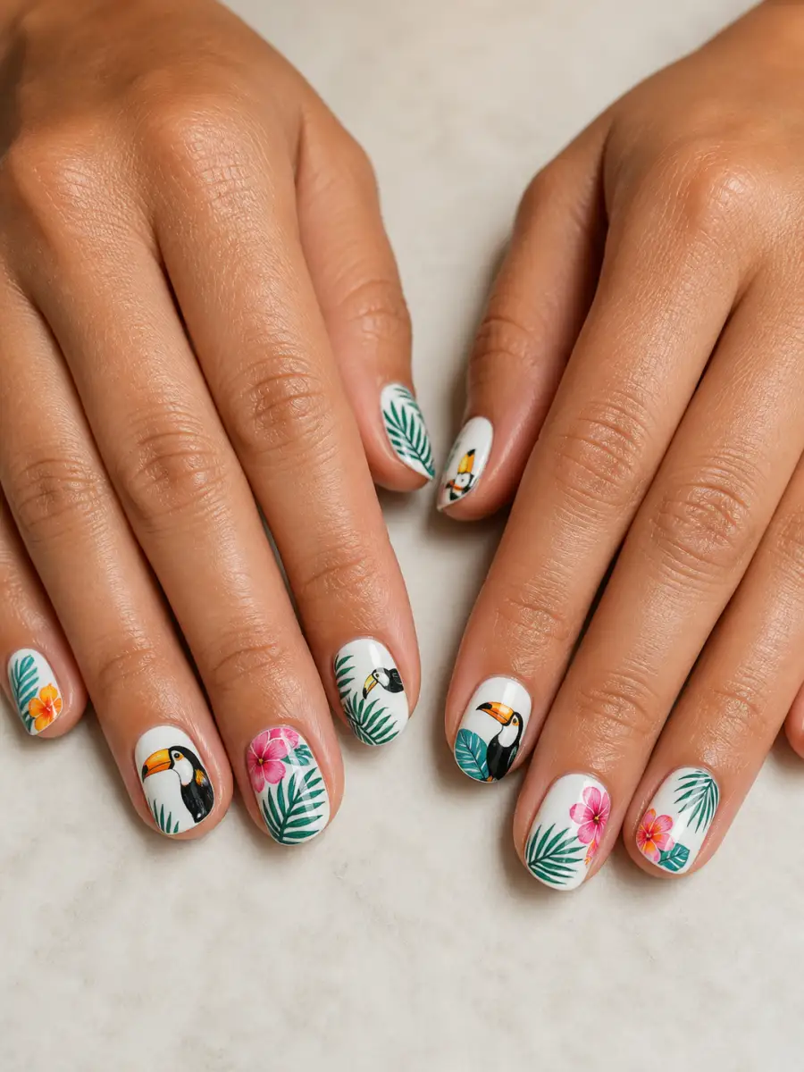 Toucan Colour Nails: tropical print on white base, toucan colour