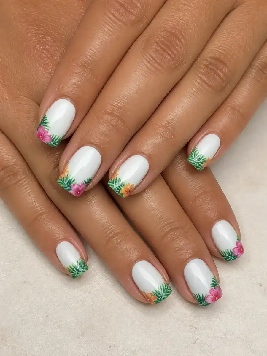 Tropical French Tips: tropical print on white base, tropical french tips