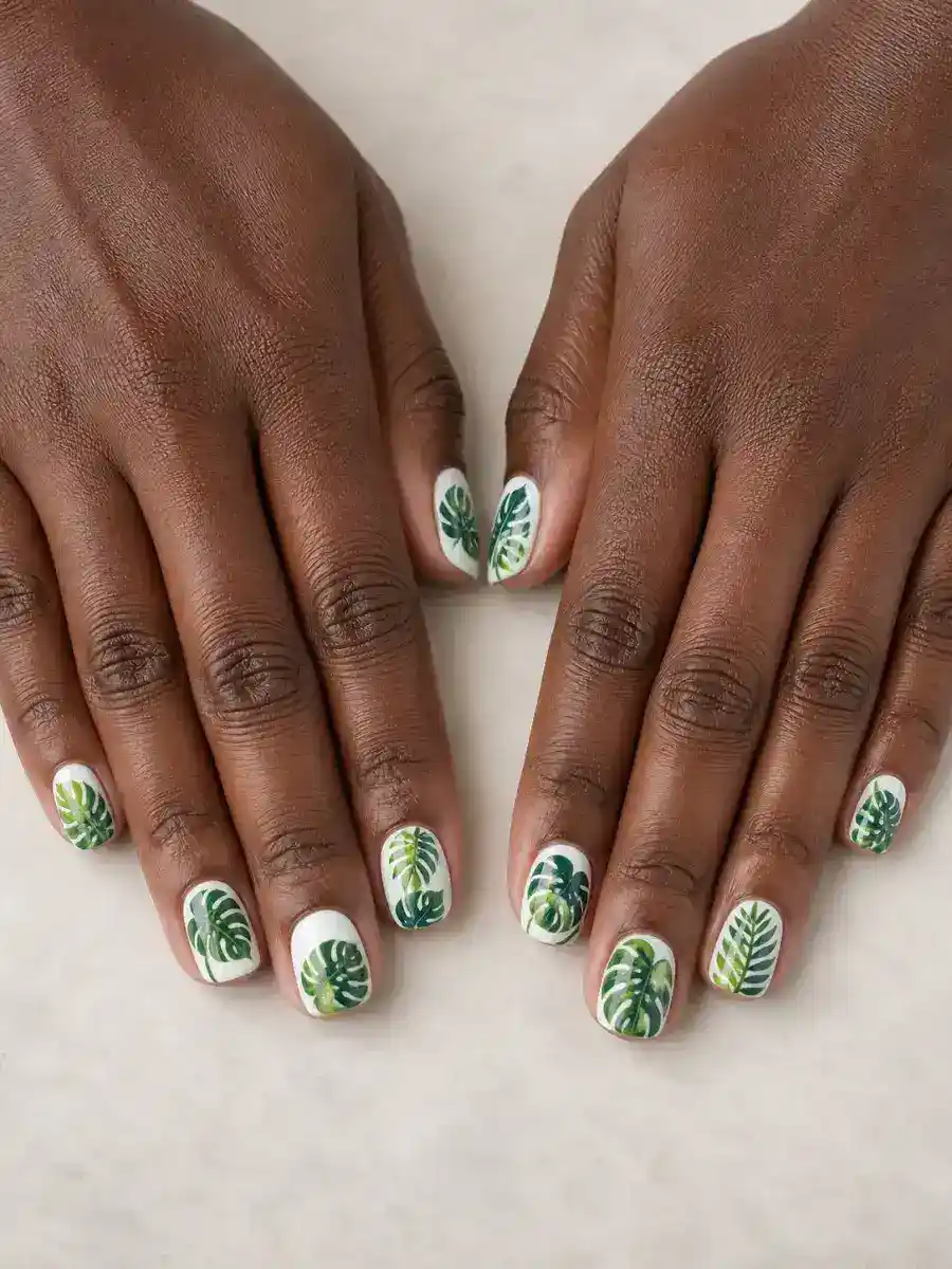 Monstera Nail Art: tropical print on white base, monstera nail art