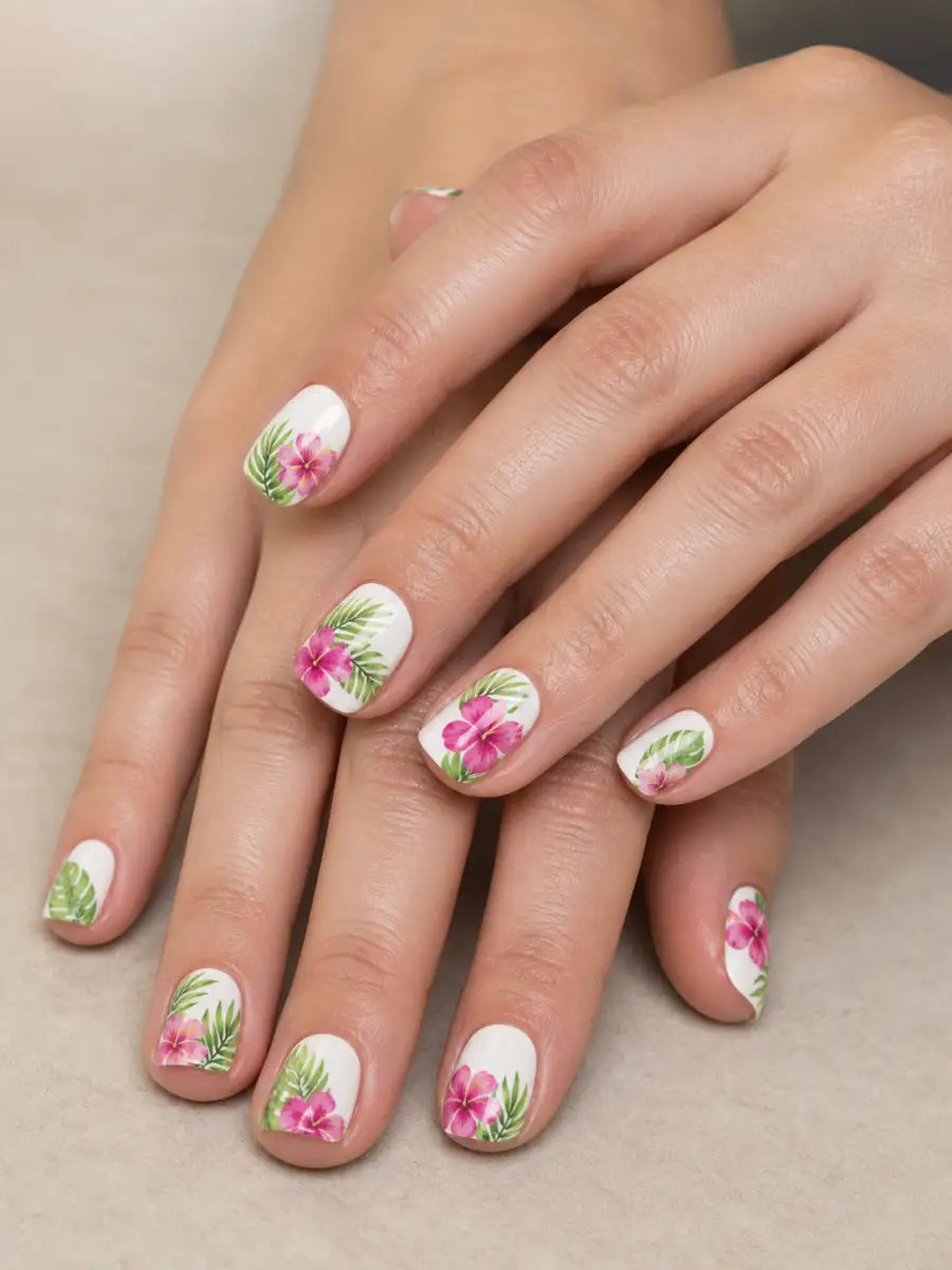 Island Pink Nails: tropical print on white base, island pink