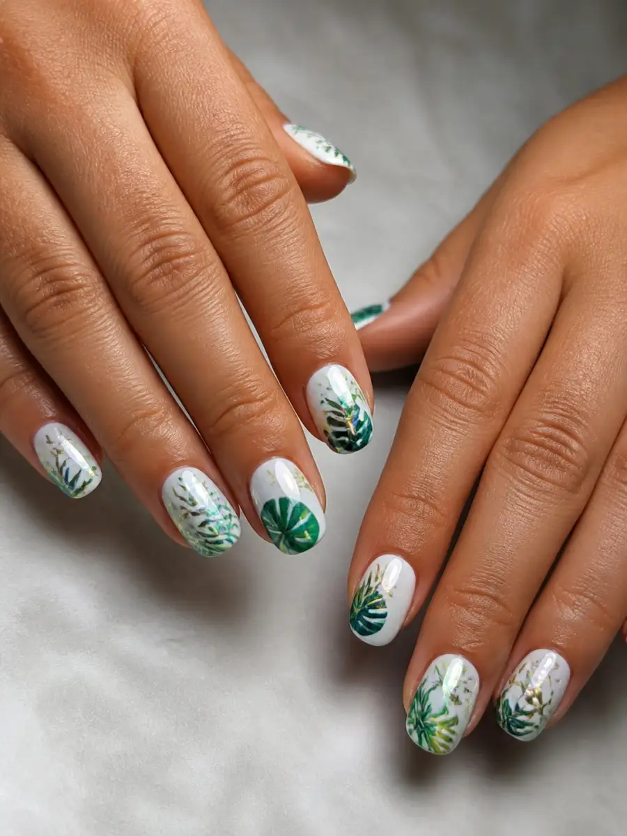 Tropical Chrome Nails: tropical print on white base, tropical chrome