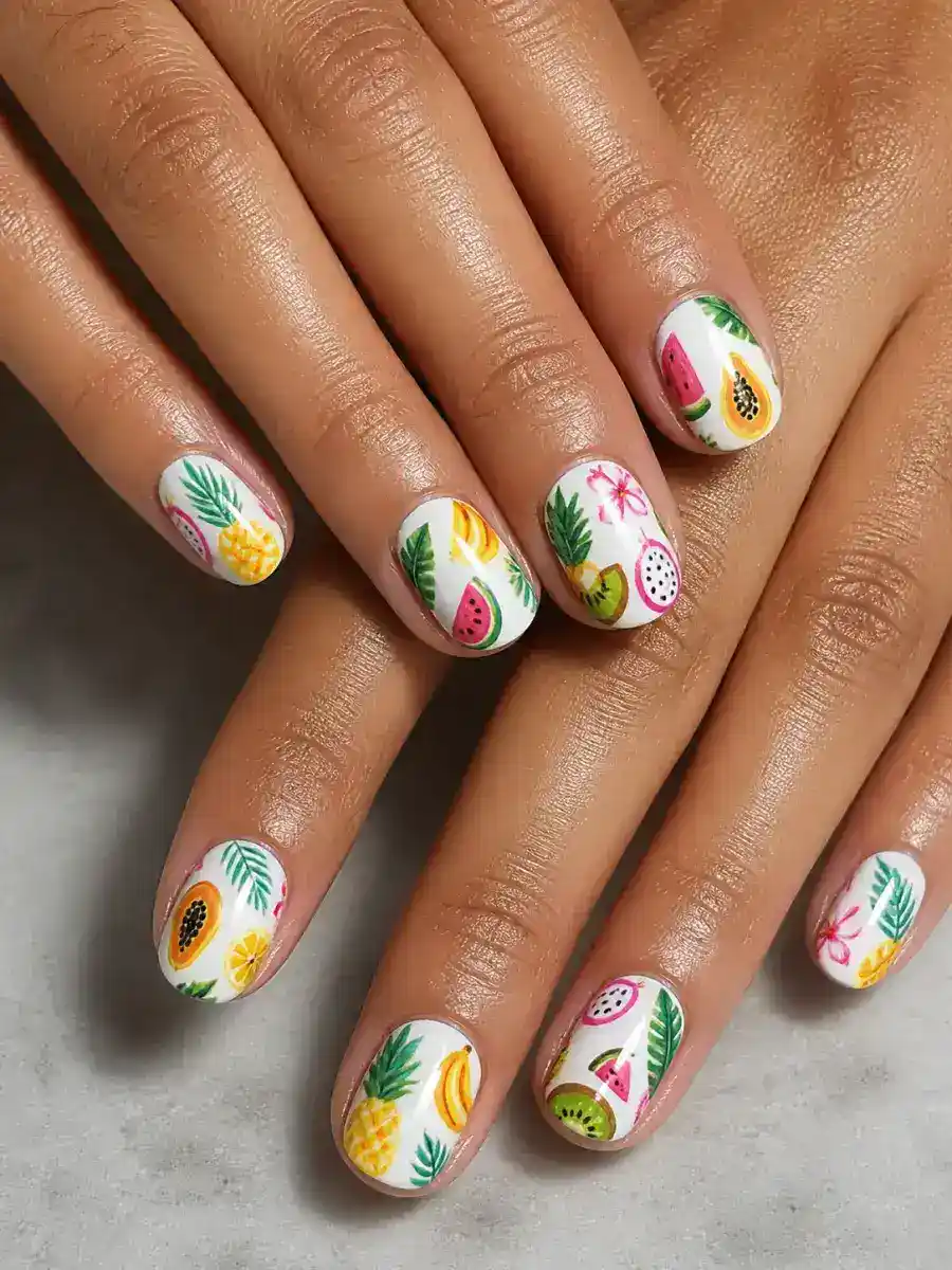 Fruit Mix Nails: tropical print on white base, fruit mix