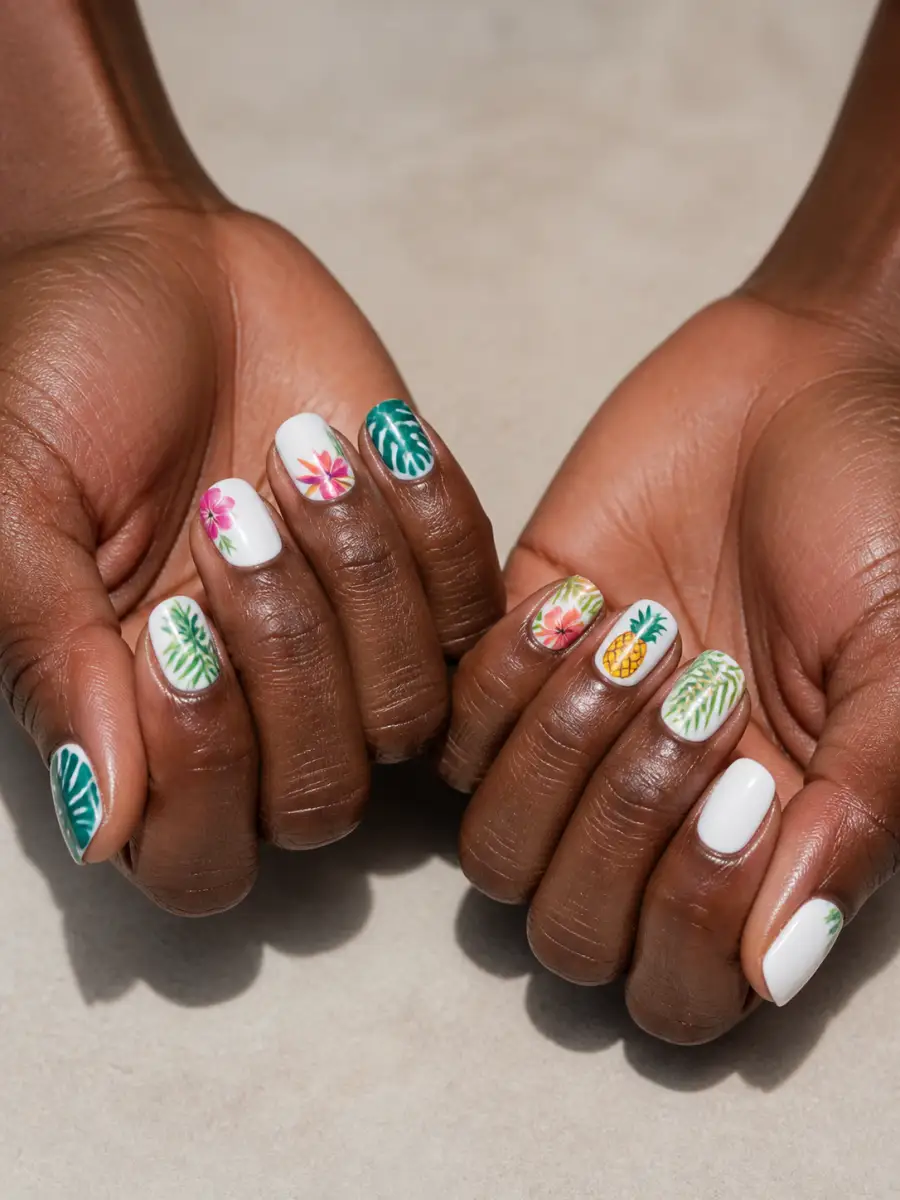 Resort Mix and Match Nails: tropical print on white base, resort mix and match