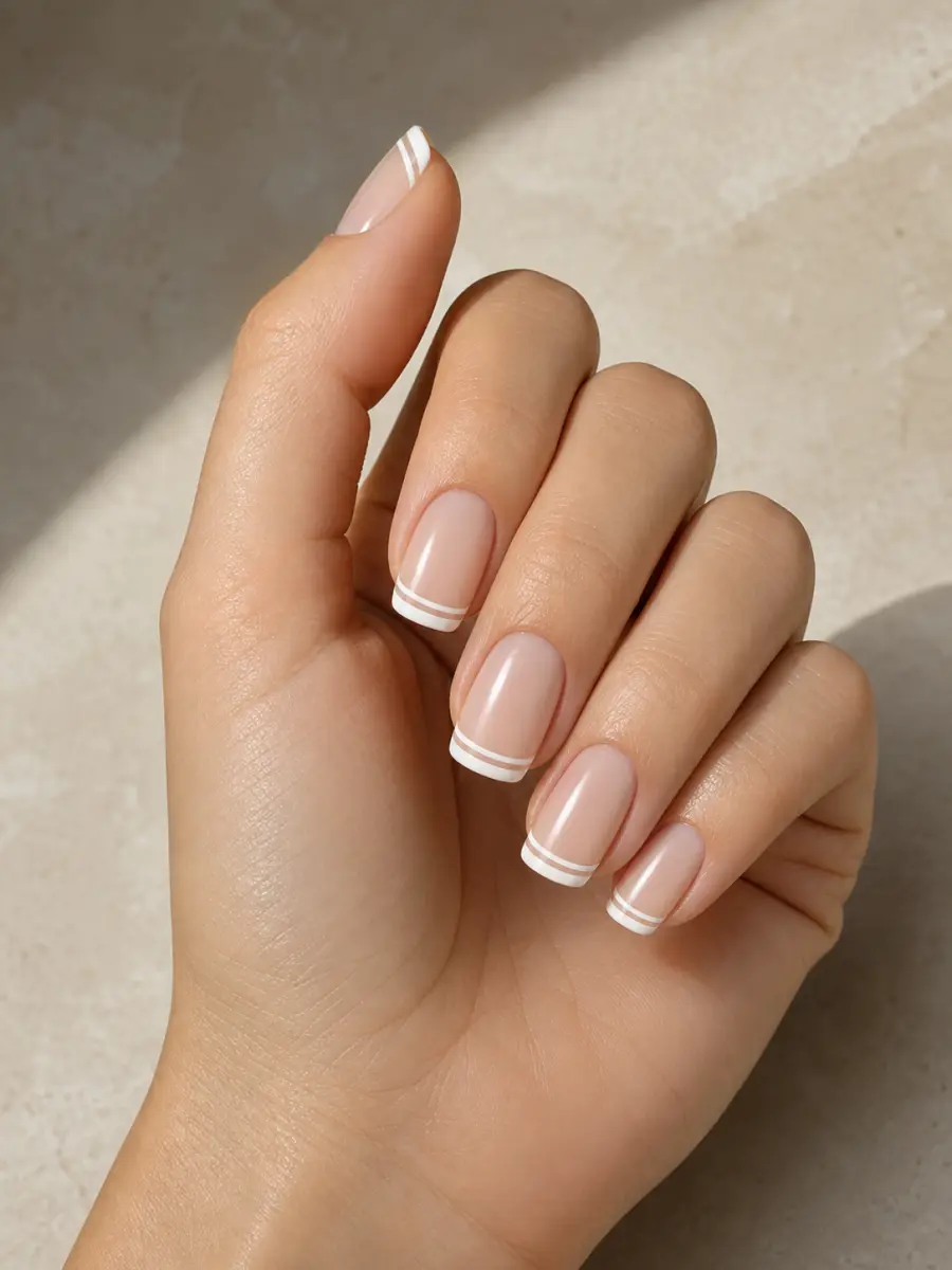 Double Line Wedding Guest Nails: squoval, two fine white French lines