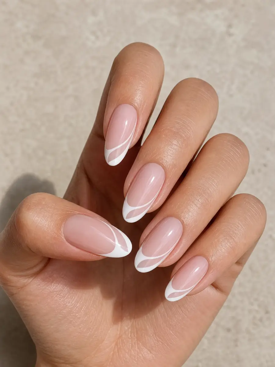 Side French Wedding Guest Nails: oval, asymmetrical white side French