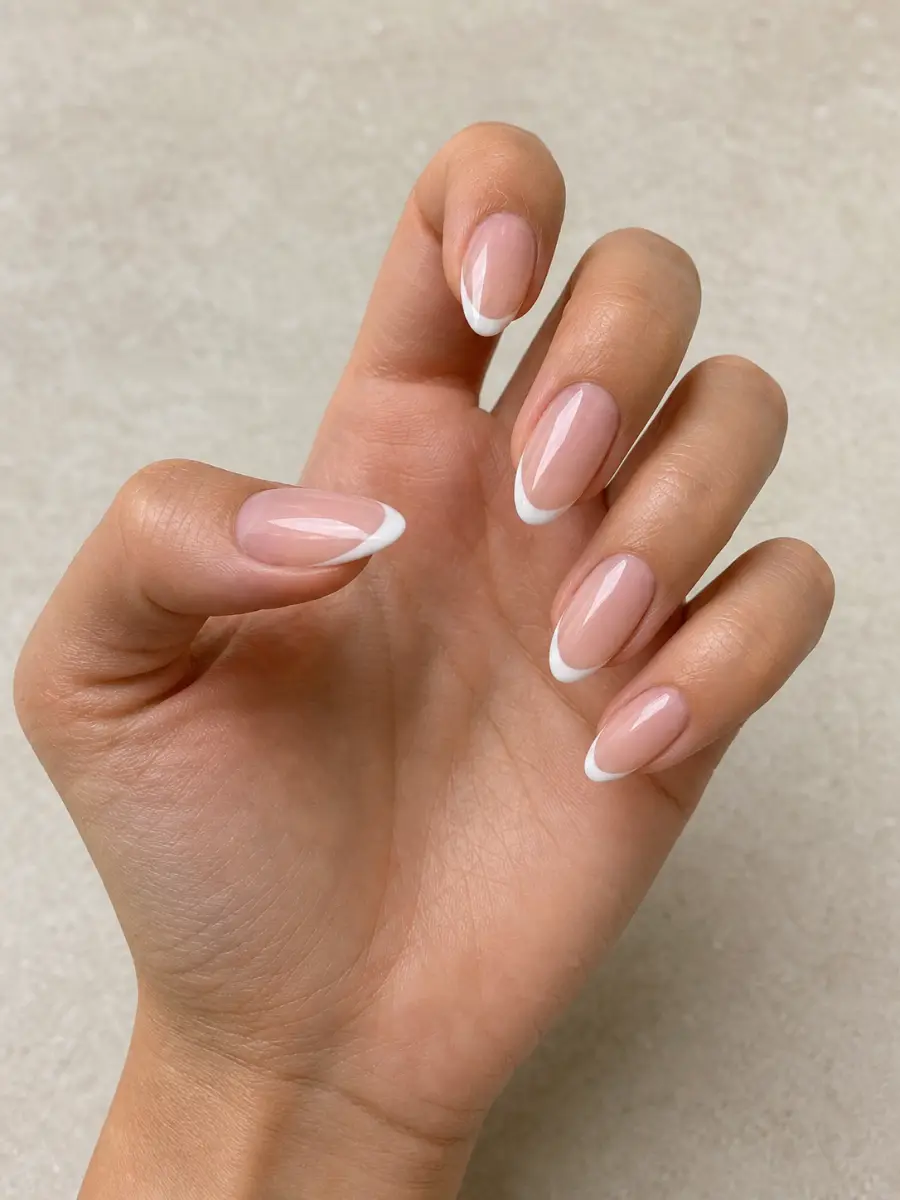 Almond French Wedding Guest Nails: medium almond, thin curved white tips