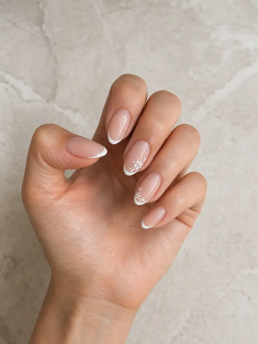 Floral Wedding Guest Nails: almond, white micro tips with tiny flowers