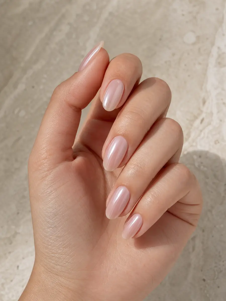 Milky Glazed Wedding Guest Nails: medium oval, milky pink pearl glaze
